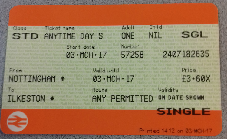 Nottingham to Ilkeston rail ticket purchased 3rd March 2017